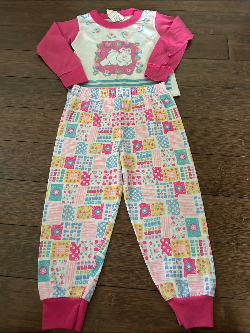 Vintage Fisher-Price Bunny Pajama Set Girls 3T Patchwork Pink USA Toddler 2 Pc